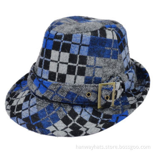 Fashionable Plaid Unique Fedora Hat with Self Band and Buckle Trim